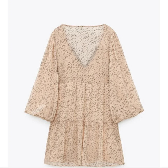 Zara Polka Dot Lace Trim Tiered Babydoll Mini Dress Beige Pink Sz Small - Picture 3 of 8